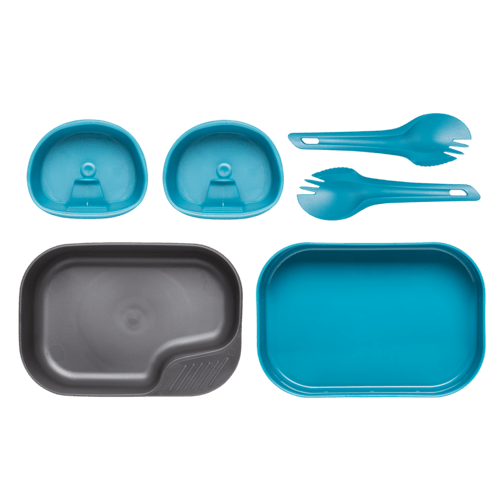 Wildo Camp-A-Box Duo set bleu avec deux gobelets, deux cuillères-fourchettes, un bac gris et un couvercle