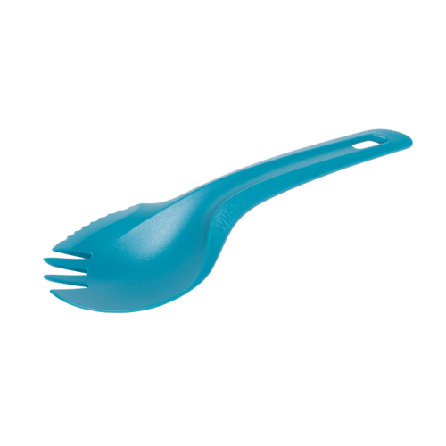 Couvert bleu du set Wildo Camp-A-Box Duo, cuillère et fourchette en une seule pièce