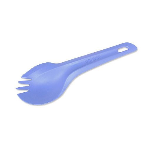 Wildo Spork lilas, vu de dessus en biais avec les dents vers la gauche