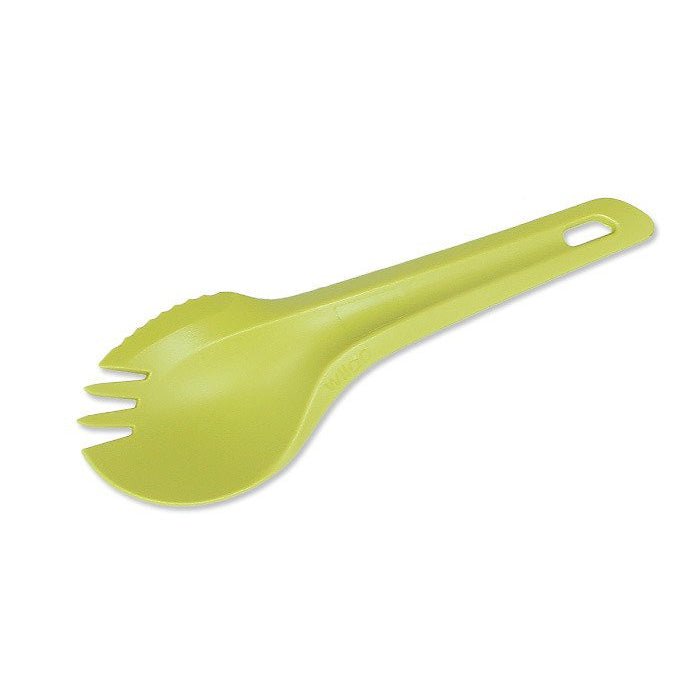 Wildo Spork vert citron, vu de dessus en biais avec les dents vers la gauche