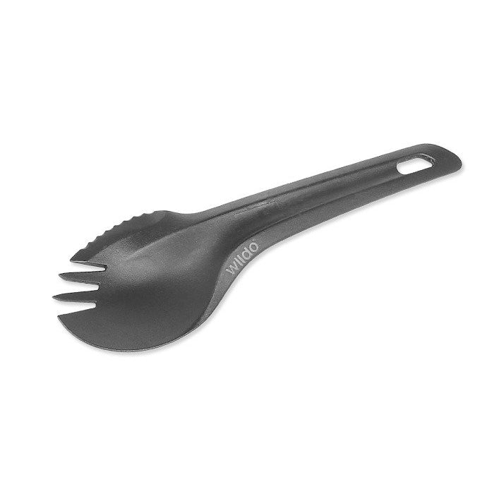 Wildo Spork gris foncé, cuillère et fourchette en une seule pièce avec un trou de suspension dans le manche
