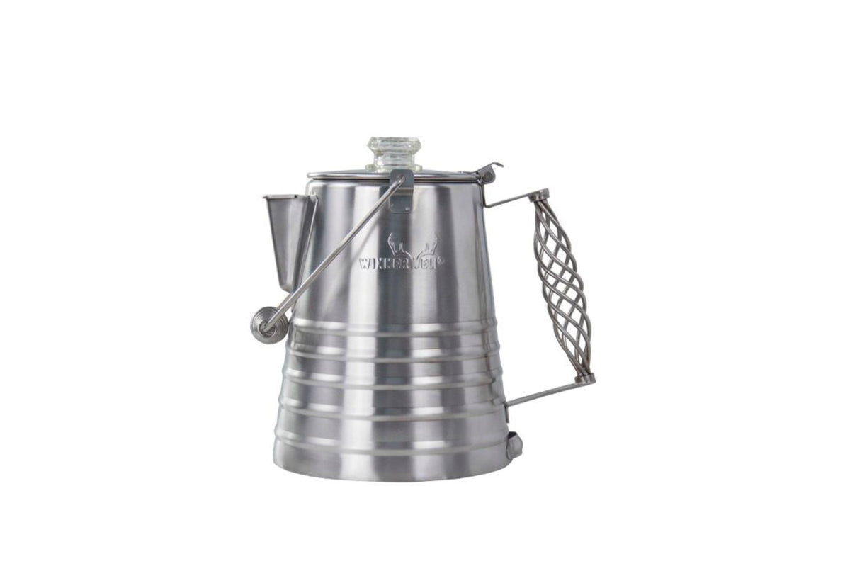 Cafetière percolateur Winnerwell de profil avec bouton en verre, bec verseur et poignée tressée