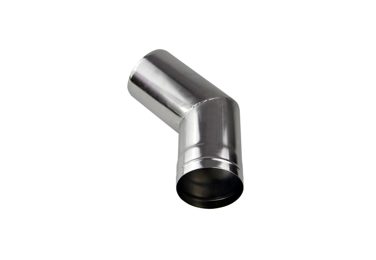 Tuyau de poêle de tente Winnerwell 45° vu de biais depuis l'avant, avec la large ouverture