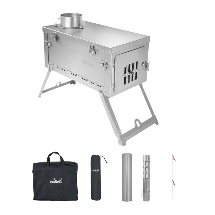 Ensemble Winnerwell Fastfold Titanium avec poêle, sac de transport noir, housse, sections de tuyau et goupilles