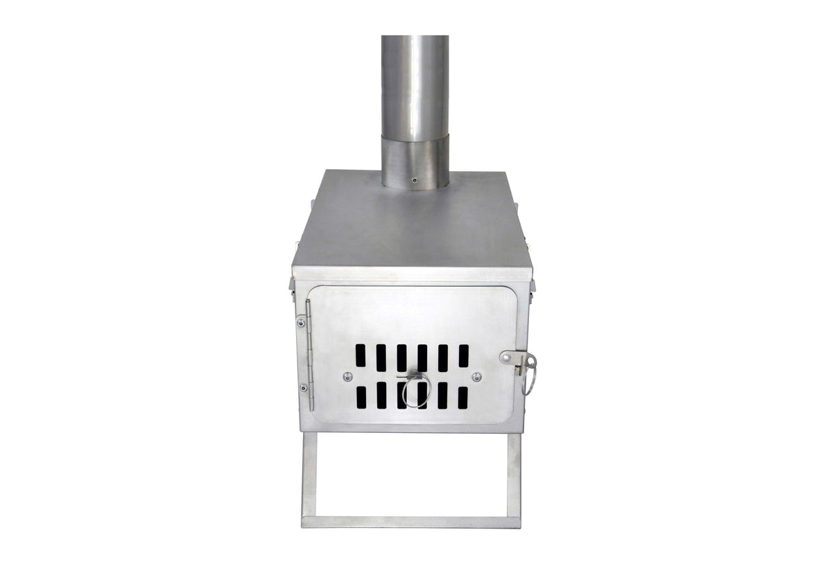 Poêle Winnerwell Fastfold Titanium vu de face avec porte et tuyau de poêle