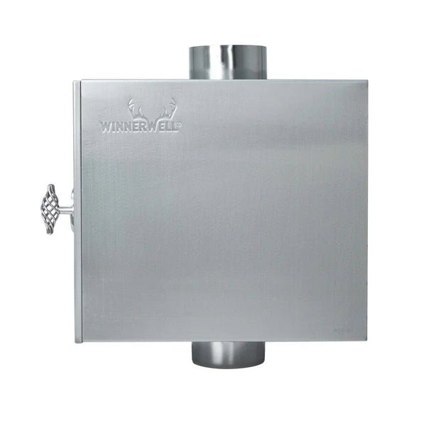 Four Winnerwell pour tuyau de poêle vu de côté avec logo Winnerwell et loquet de porte sur le bord