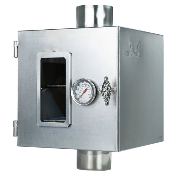 Four Winnerwell pour tuyau de poêle avec hublot, thermomètre et loquet sur la porte, vu de biais sur le côté
