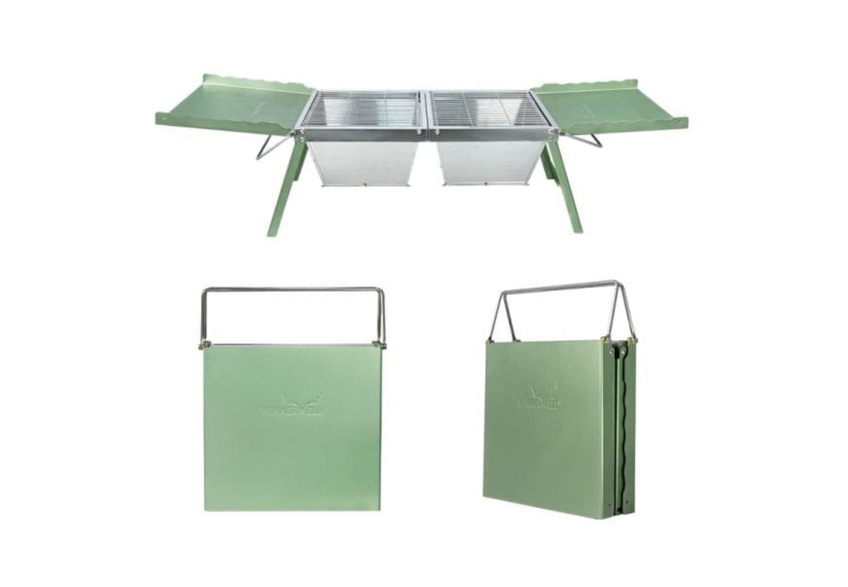table de camping Winnerwell verte, dépliée avec deux bacs de grill et repliée avec anse de transport