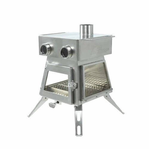 Winnerwell Marsfire vu de biais de face avec porte vitrée, grande vitre latérale et pieds dépliés