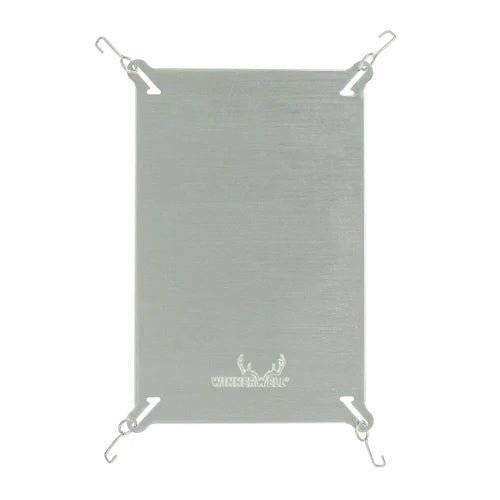 bouclier thermique inox Winnerwell, plaque rectangulaire avec logo et crochets aux quatre coins, vue de dessus