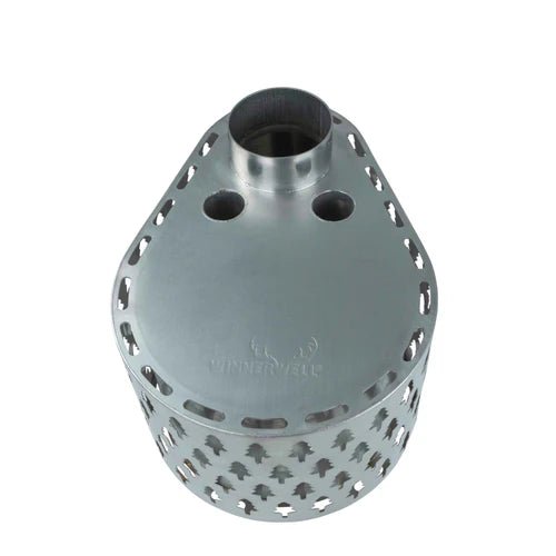 Winnerwell Secondary Combustion Burner vu d'en haut avec raccord de tuyau et logo