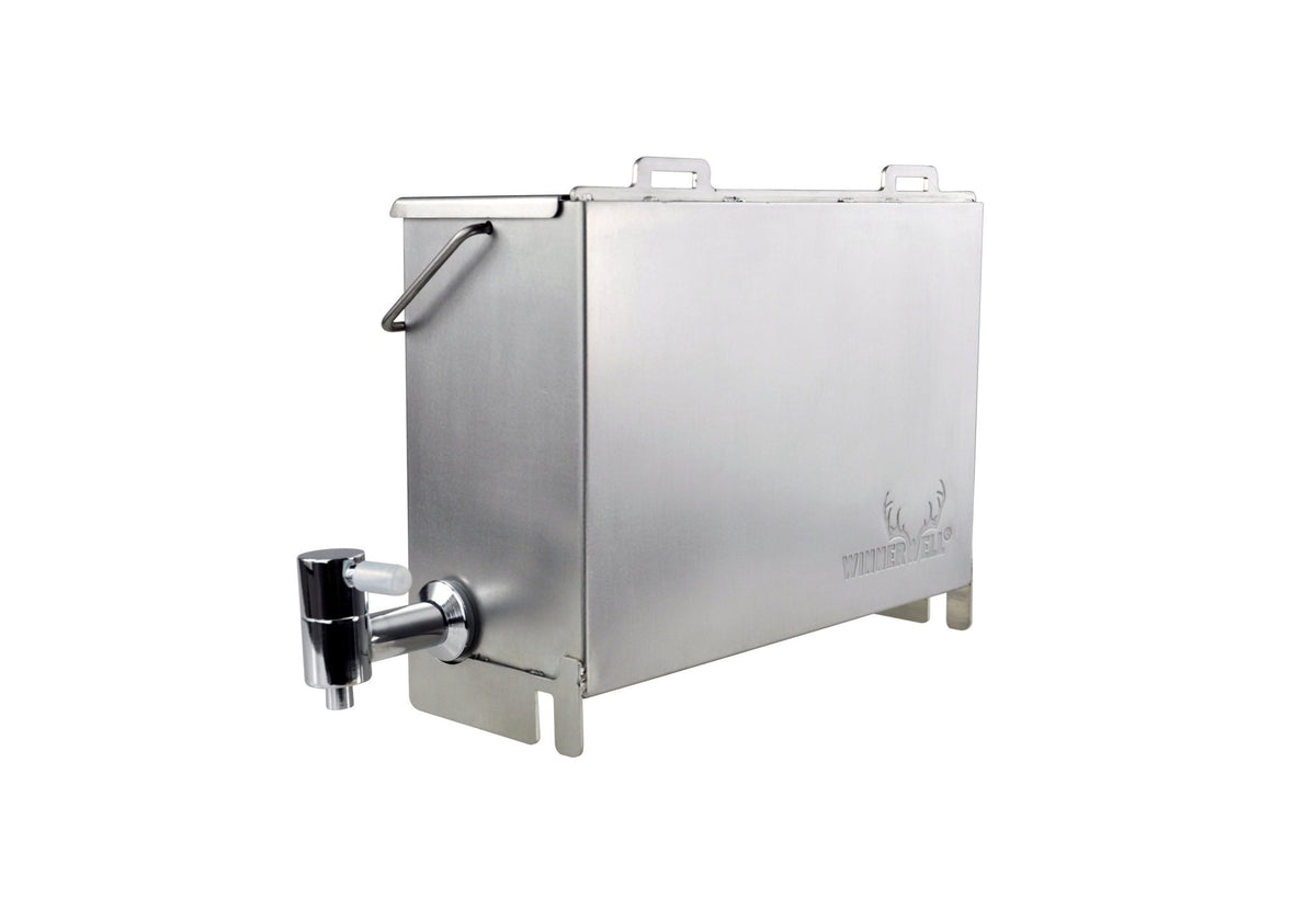 réservoir d'eau Winnerwell, bac métallique rectangulaire avec robinet et anse, vu de biais sur le côté