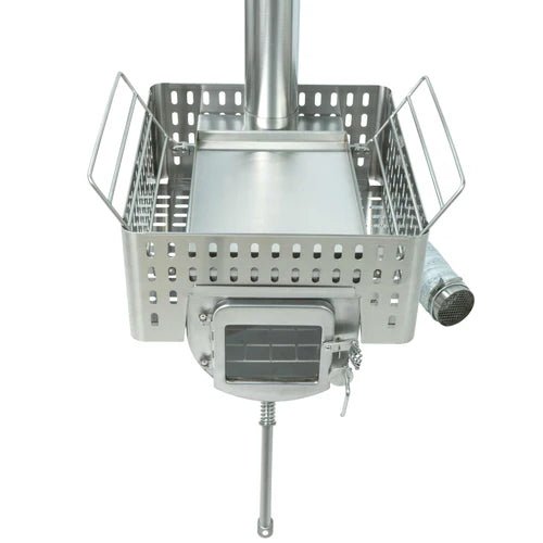 Winnerwell Woodlander Sauna Stove vu de biais d'en haut avec panier à pierres vide et poignées dépliées