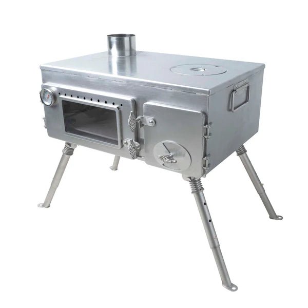 Winnerwell Woodlander Pizza Oven poêle de tente avec vitre de four, thermomètre et plaque de cuisson, vu de biais