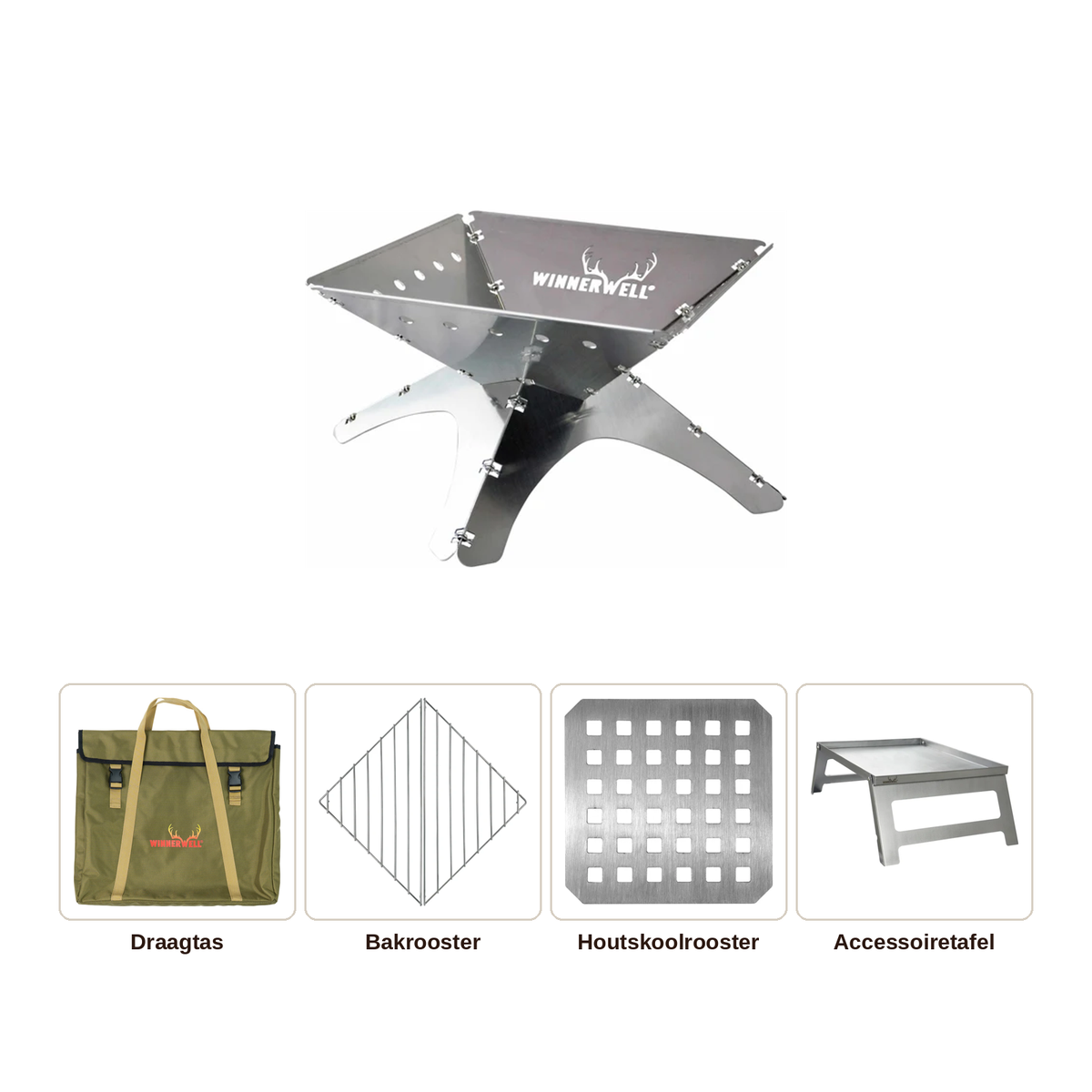 Foyer extérieur Winnerwell Flat avec logo au-dessus de quatre cases montrant les accessoires séparés