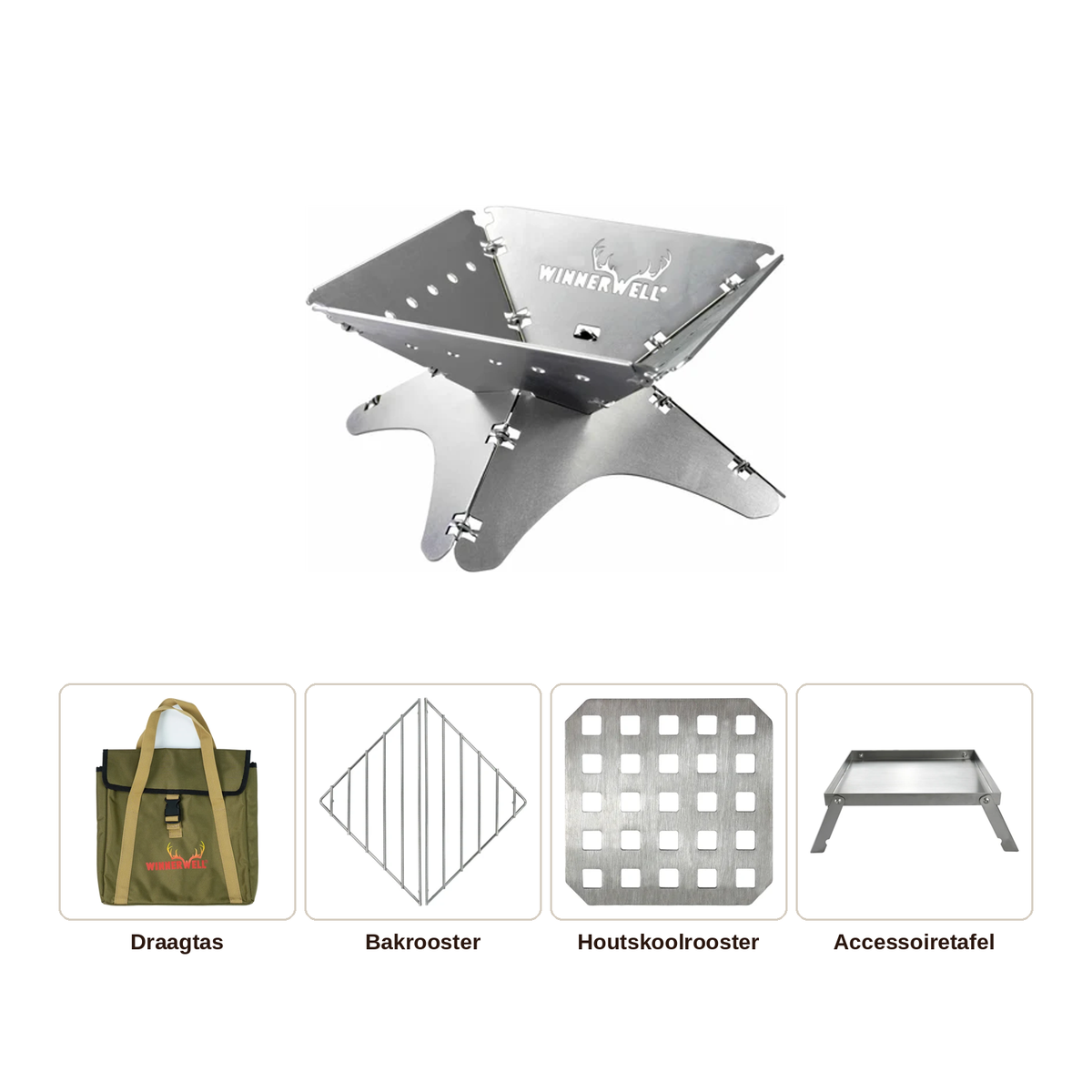 Foyer extérieur Winnerwell Flat avec sac de transport, grille de cuisson, grille à charbon et table d'accessoires