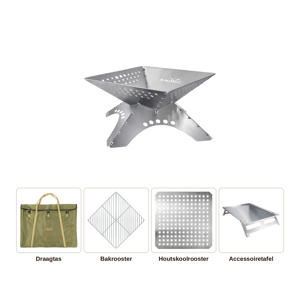 Foyer extérieur Winnerwell Flat avec de nombreux trous dans les parois et les quatre accessoires en dessous