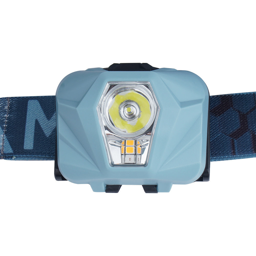 Mactronic Base Camp vue de face, lampe bleu clair avec grande LED et petites lumières orange dessous